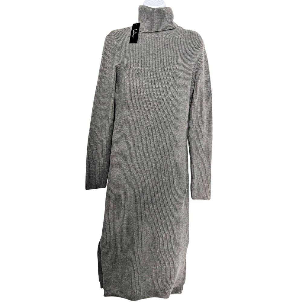 Lulus Sheerah Turtleneck Knit Sweater Dress Long Sleeve Gray - Picture 3 of 12